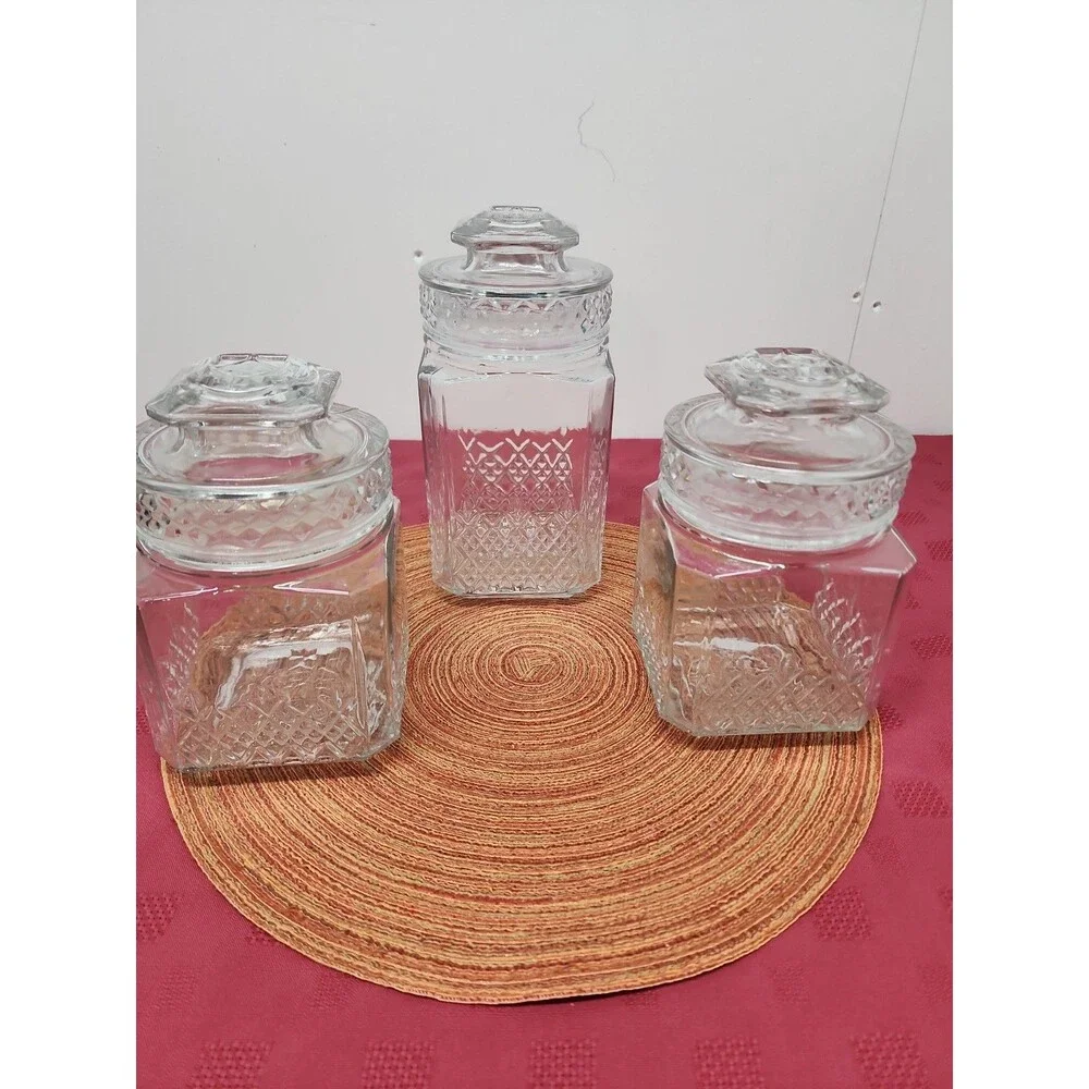 VintageKoeze's Apothecary/Cannister Jars W Gaskets Set Of 3Diamond Pattern 1980s